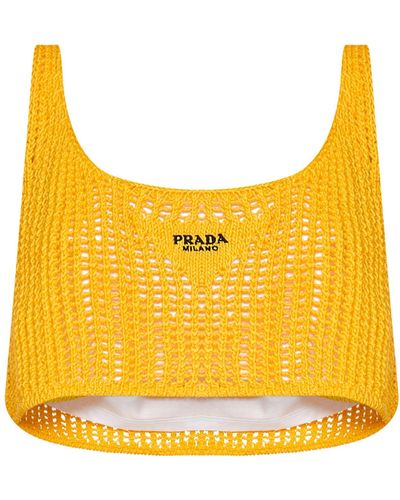 Prada Logo Detailed Mesh Top - Yellow