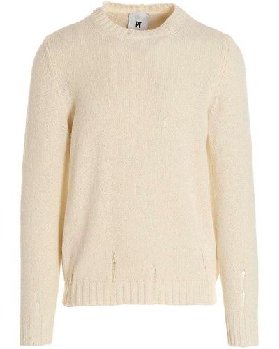 PT Torino Distressed-effect Crewneck Ribbed-knit Sweater - Natural