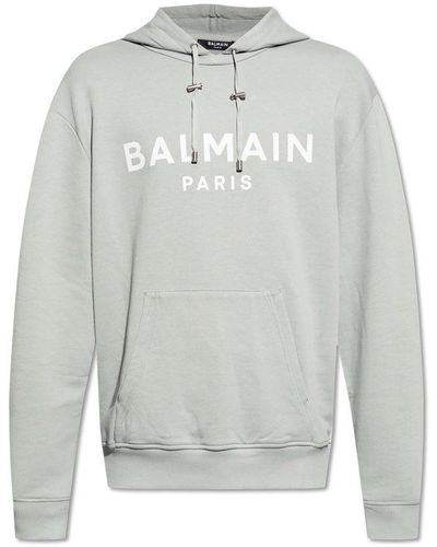 Balmain Logo Printed Drawstring Sweatshirt - Grey
