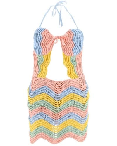 Casablancabrand Rainbow Gradient Crochet Halterneck Mini Dress - White