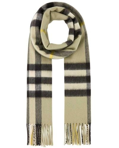 Burberry Logo Patch Checked Fringed Scarf - Gray