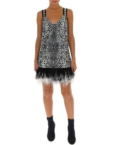 Proenza Schouler Feather Trim Leopard Print Mini Dress - Black