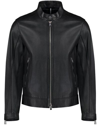 BOSS Zipped Leather Biker Jacket - Black