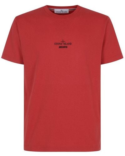 Stone Island Logo Detailed Crewneck T-shirt - Red