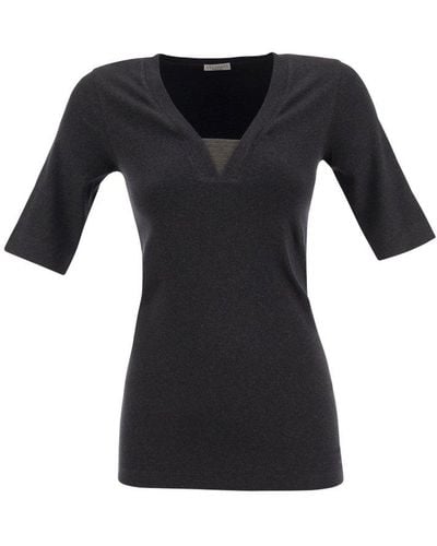 Brunello Cucinelli Stretch Cotton Rib Jersey T-shirt With Precious Insert - Black