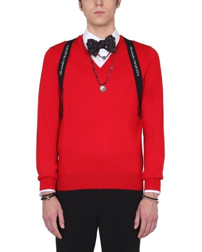 Alexander McQueen Logo Strap V-neck Sweater - Red