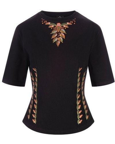 Etro Fitted T-shirt With Floral Embroidery - Black