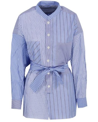 Tanaka Long Sleeved Striped Belted Poplin Shirt - Blue