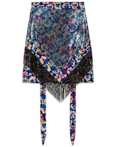 Rabanne Fringed Floral Printed Asymmetric Mini Skirt - Blue