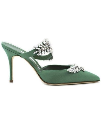 Manolo Blahnik Lurum Embellished Pointed Toe Mules - Green