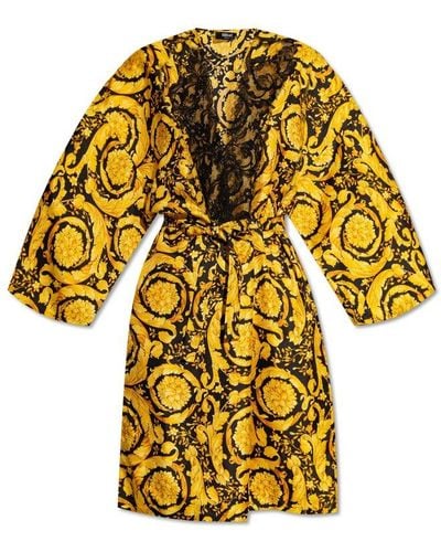 Versace Barocco-printed Lace-panelled Robe - Yellow