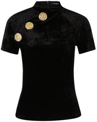 Balmain Velvet Button-detail T-shirt - Black