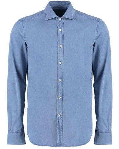 Canali Curved Hem Buttoned Denim Shirt - Blue