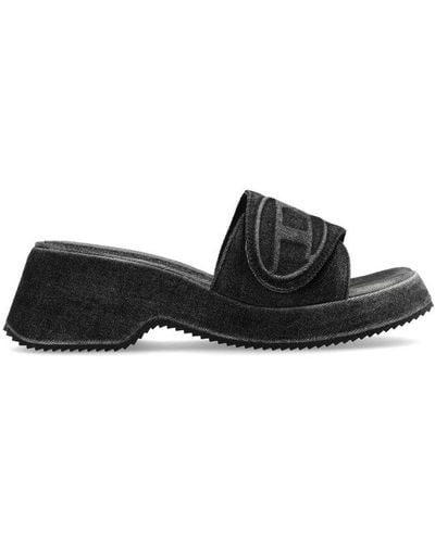 DIESEL Sa-oval D Pf W Logo Emboosed Denim Sandals - Black