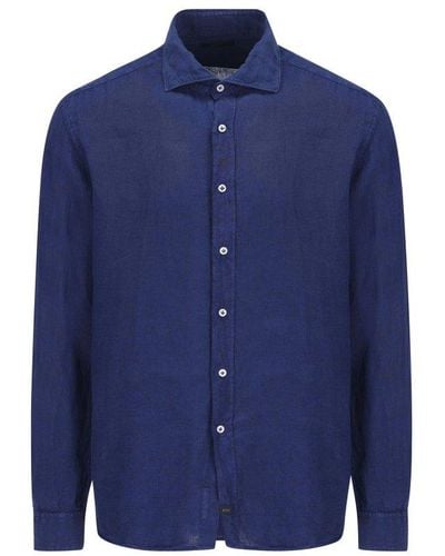 Fay Logo Patch Long Sleeved Buttoned Shirt - Blue