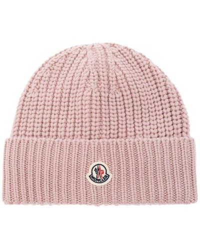 Moncler Logo-patch Ribbed-knit Beanie - Pink