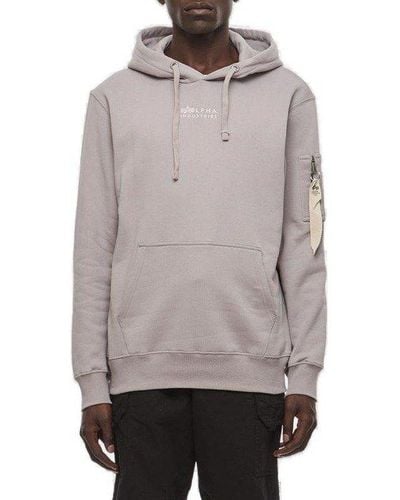 Alpha Industries Logo Embroidered Drawstring Hoodie - Gray