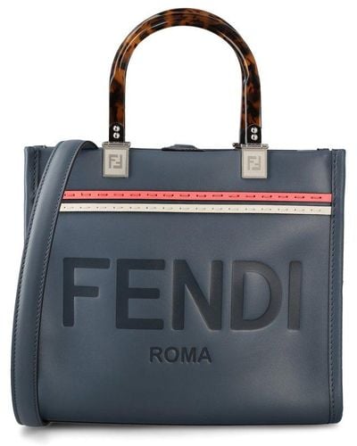 Fendi Sunshine Logo Embossed Small Tote Bag - Blue