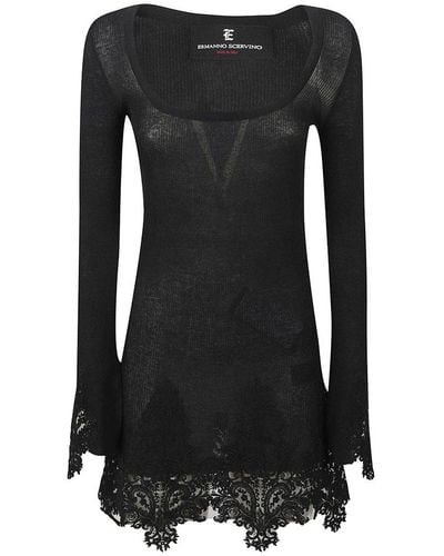 Ermanno Scervino Square Neck Lace Panelled Knit Dress - Black