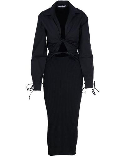 ANDREA ADAMO Front-tied Ribbed-knit Midi Dress - Black