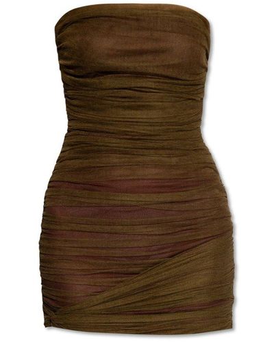 Saint Laurent Ruched Strapless Dress - Brown