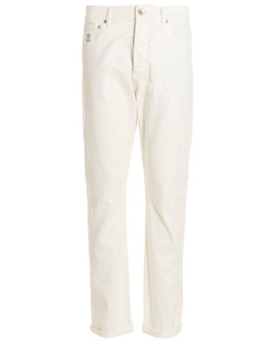 Brunello Cucinelli Straight Leg Logo Patch Trousers - White