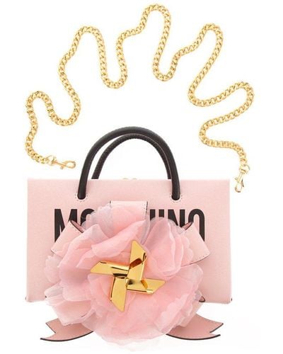Moschino Oversized Bow Embellished Logo Printed Tote Bag - Pink