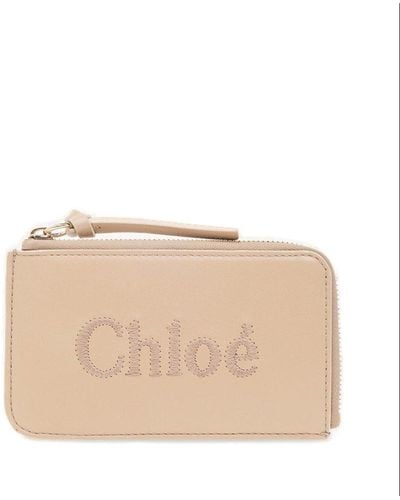Chloé Logo Embroidered Zipped Cardholder - Natural