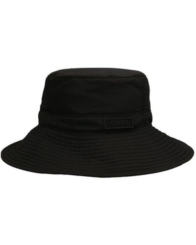 Ganni Logo Patch Dropped Wide Brim Bucket Hat - Black