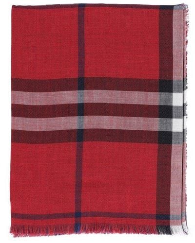 Burberry Check Printed Frayed-edge Scarf - Red