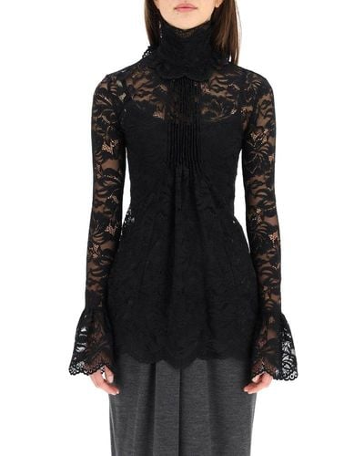Rabanne Pleated Lace High Neck Blouse - Black