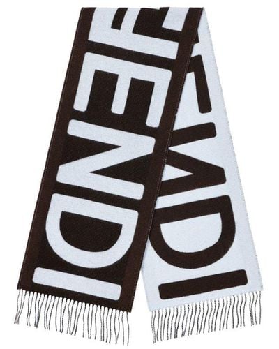 Fendi Mirror Logo Jacquard Fringed Scarf - White
