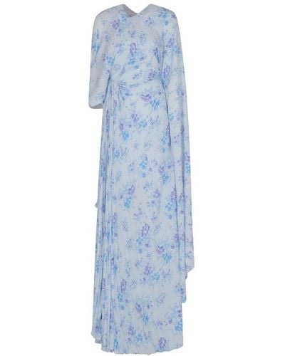 Balenciaga Floral Print Pleated Dress - Blue