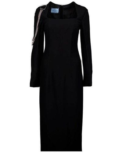 Prada Long Sleeved Necklace-embellished Cady Dress - Black