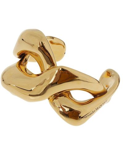 Alexander McQueen Antique Gold Twisted Cuff In Brass - Orange
