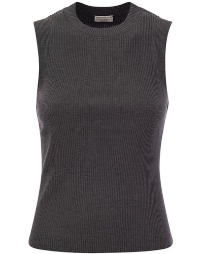 Brunello Cucinelli Ribbed Cotton Jersey Top With Monile - Black