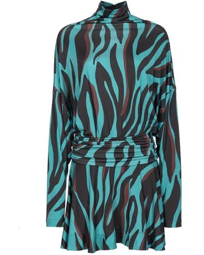 Pinko Zebra Printed Mock-neck Mini Dress - Blue