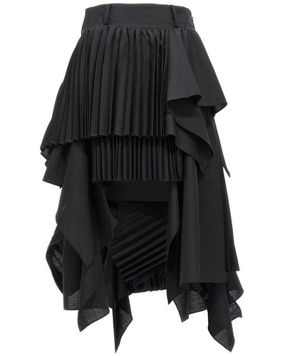 Sacai Asymmetrical Pleated Detailed Midi Skirt - Black