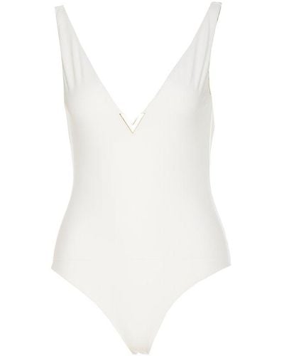 Valentino Logo Plaque V-neck Sleeveless Swimsuit - White