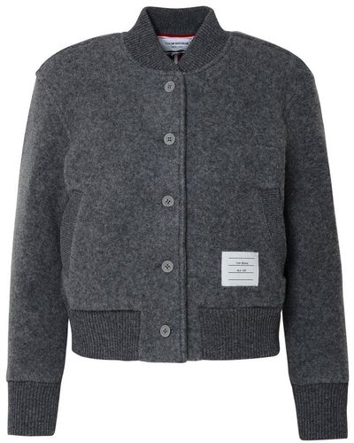 Thom Browne Collarless Buttoned Varsity Jacket - Grey