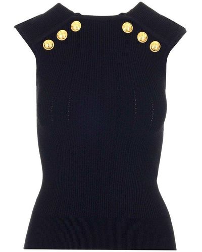 Balmain Embossed-button Sleeveless Knitted Top - Black