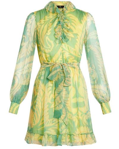 Etro Graphic-print Ruffled Long-sleeved Dress - Green