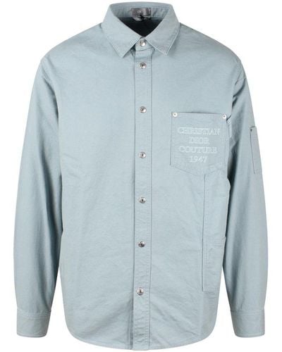 Dior Logo Embroidered Collared Long-sleeve Shirt - Blue