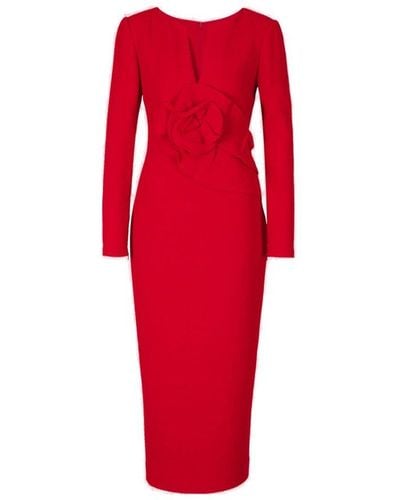 Roland Mouret Floral Detailed Long Sleeved Midi Dress - Red