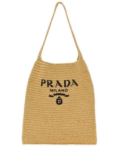 Prada Logo Embellished Raffia Tote Bag - Natural