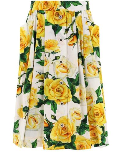 Dolce & Gabbana Rose Printed Pleated Midi Skirt - Yellow