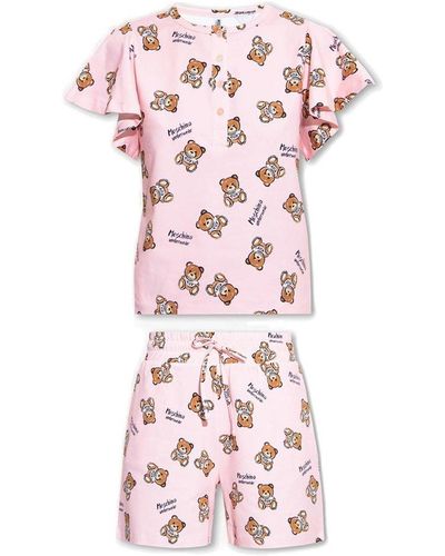 Moschino Allover Teddy Bear Printed Two-piece Pajama Set - Pink