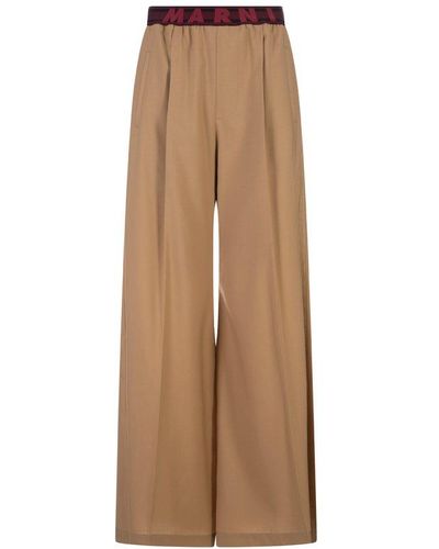 Marni Beige Wool Flared Pants With Logo Waistband - Natural