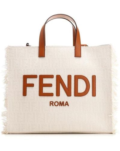 Fendi Logo Emboosed Frayed-edge Tote Bag - Natural