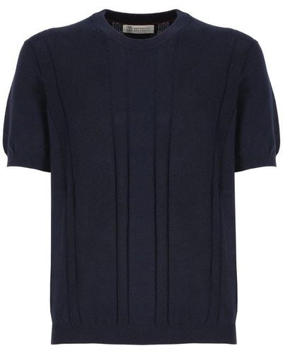 Brunello Cucinelli Short Sleeved Crewneck Knitted T-shirt - Blue